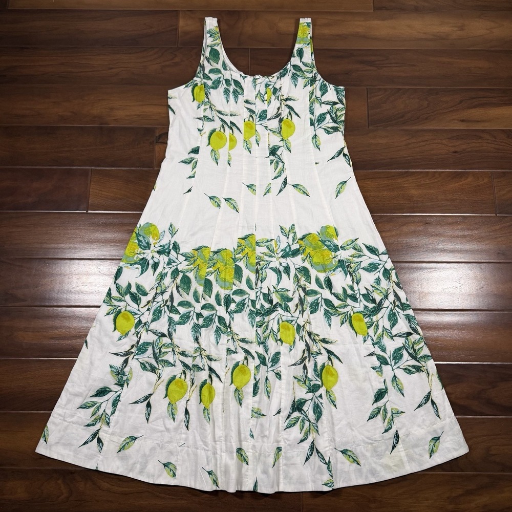 Ro's Garden Women's Size XL White Green Leaf Lemon Print Camille Midi Dress